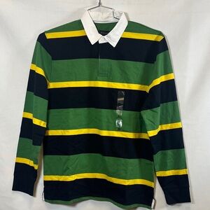 Piombo Men’s Rugby Shirt Long Sleeve Cotton Stripe Polo Top Green Navy Yellow